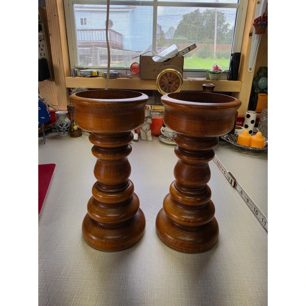 Vintage Wood Pillar Candle Holders Set of 2 Spindle Turned Farmhouse Decor 7.5in
